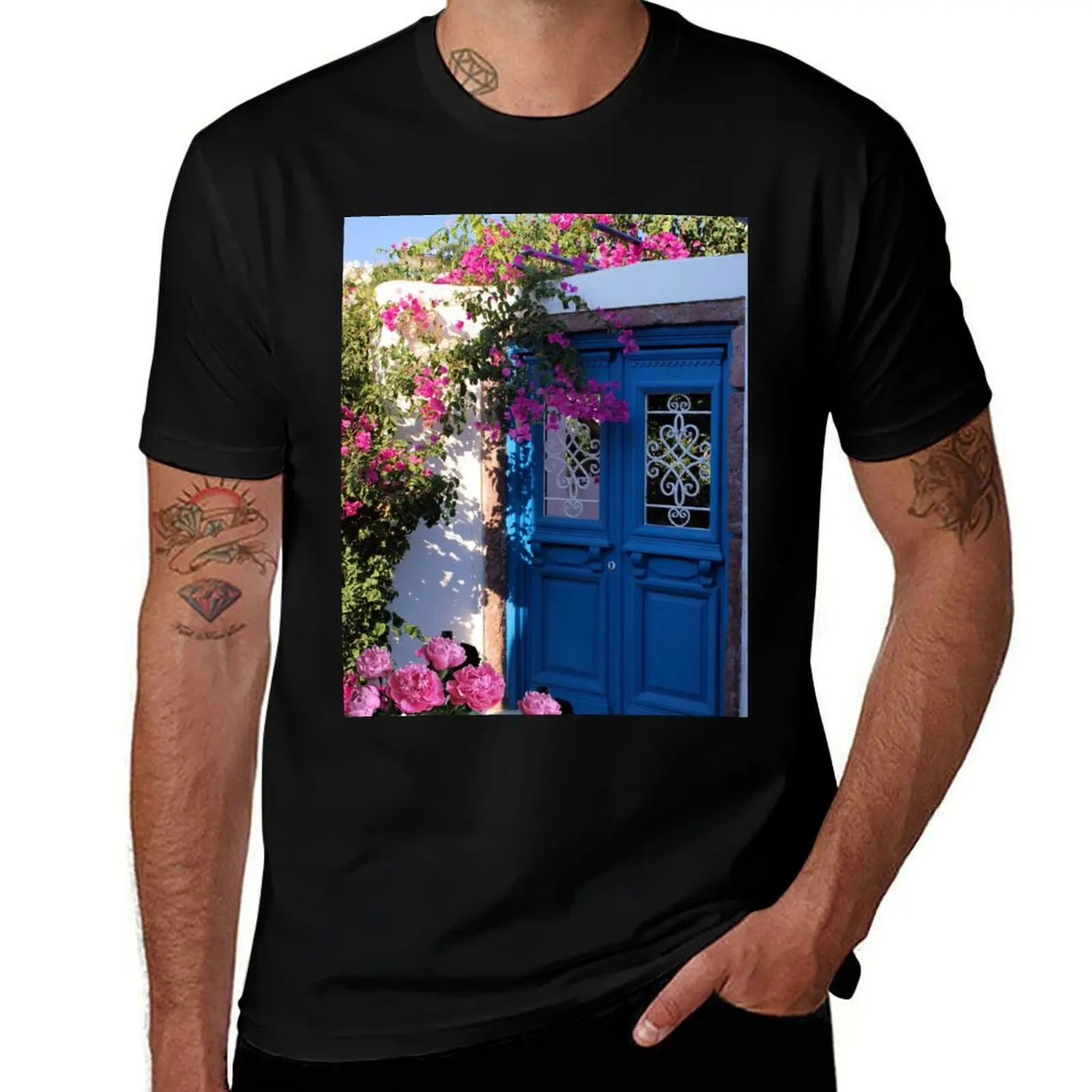 Greek Santorini Blue Door Pink Flowers T-Shirt Performance Workout Short Sleeve Tee