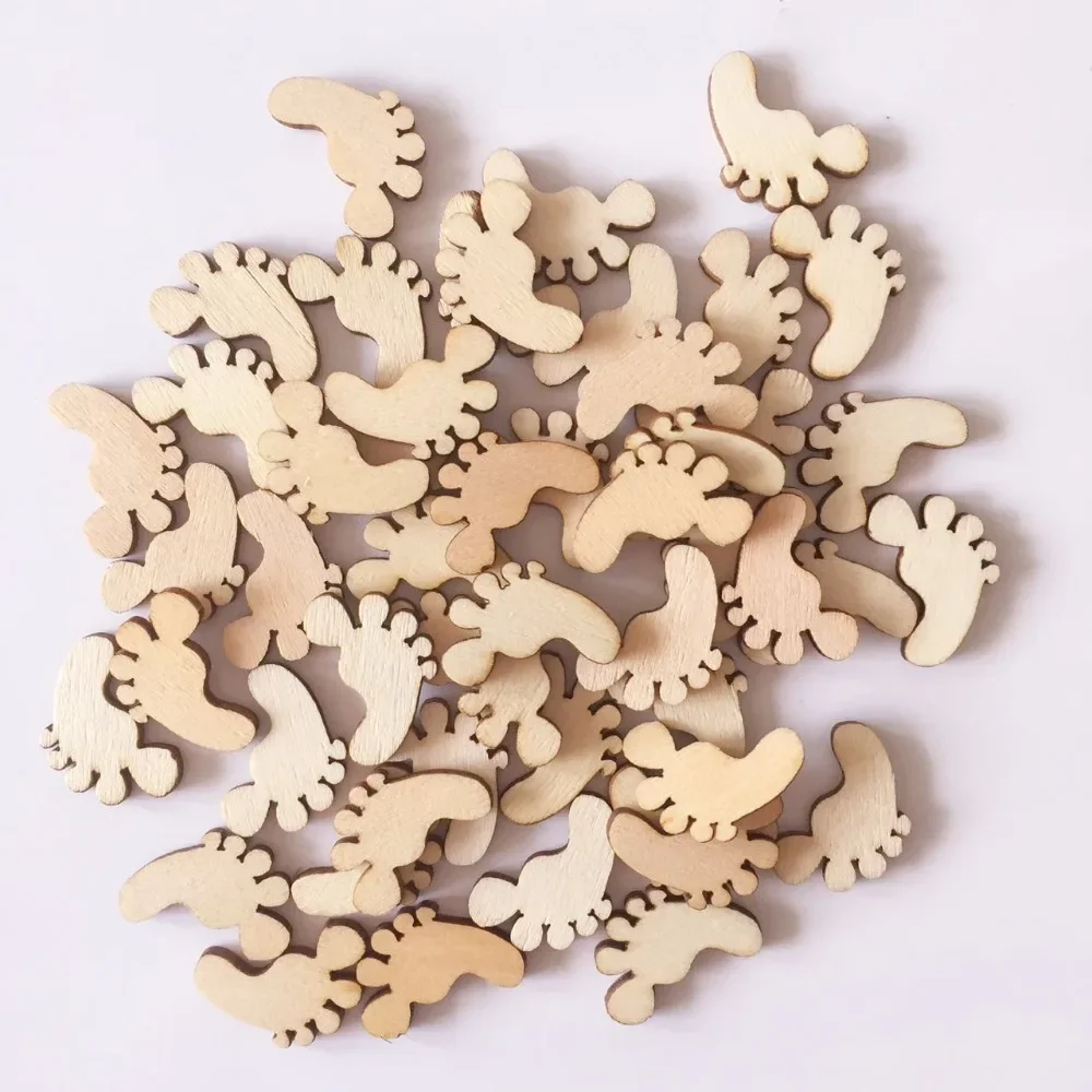 100pcs Natural Wooden Foot Shaped Slices Mini Craft Handmade wood Loose Beads for Baby Shower Wedding Party Crafting Decoration