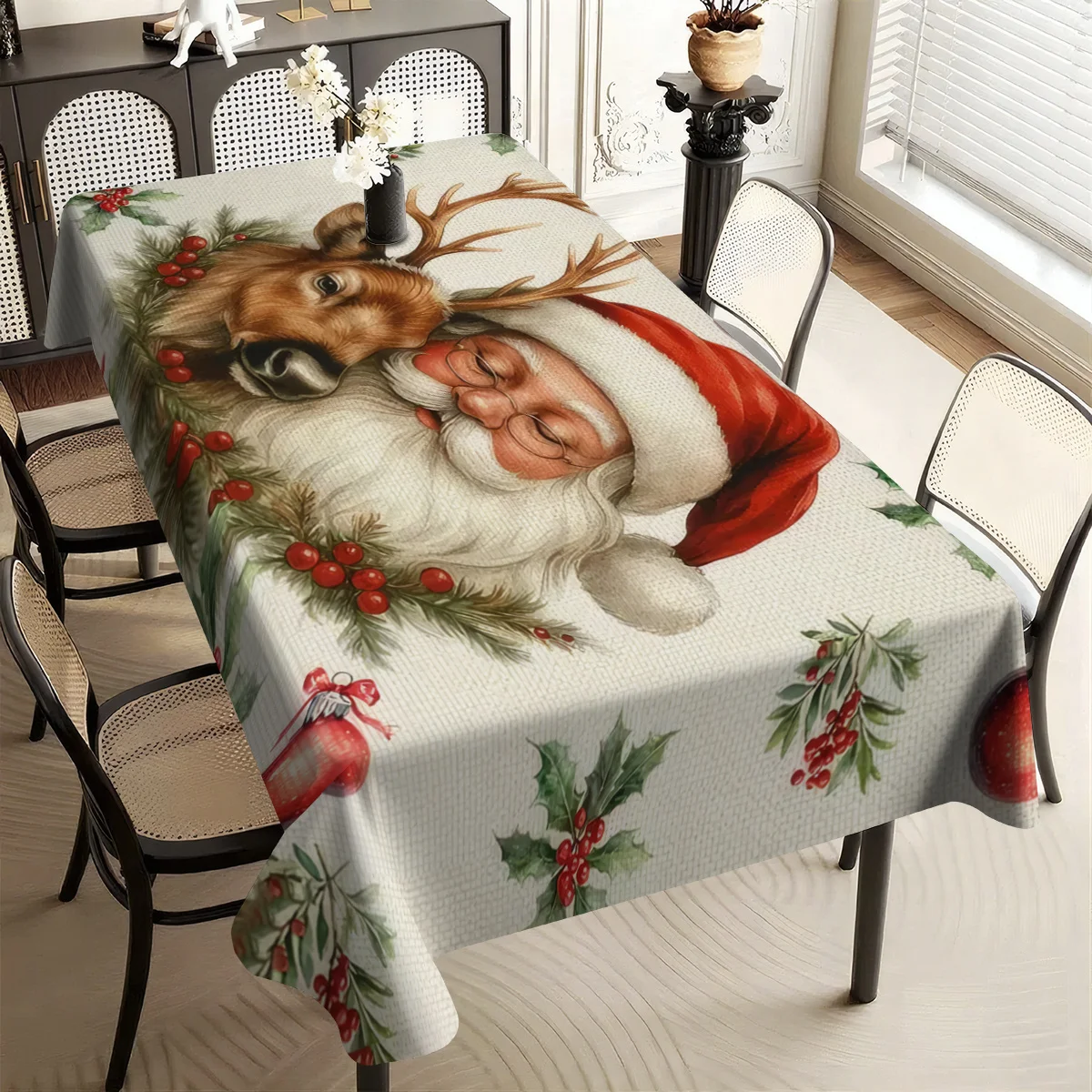 1pc Creative Versatile Christmas Tablecloth With Santa Claus And Reindeer PrintFoldable And Easy To StoreMade Of PolyesterSuitab