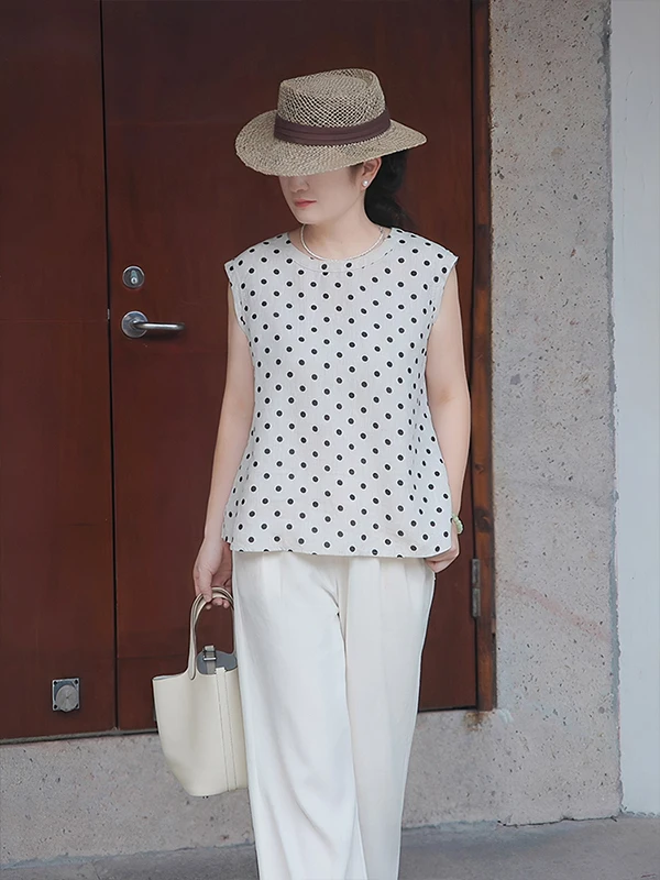 

Женская льняная рубашка Maang Summer 2026 свободного кроя, тонкая, без рукавов, в горошек, повседневная, дышащая, приятная для кожи FSY50285