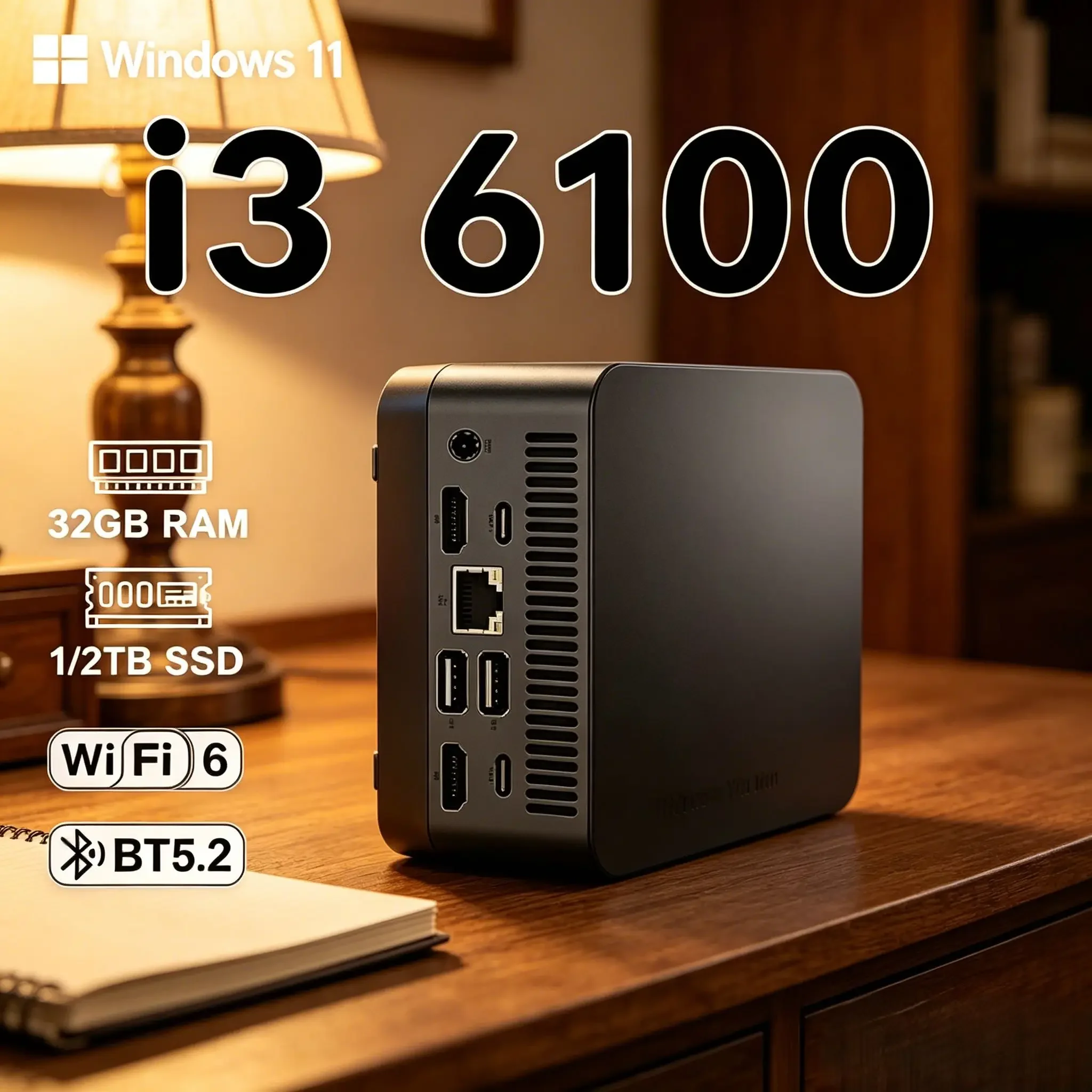 

New 4K HD Mini PC Core Intel Core I3‑6100 Windows 11 Pro 32GB RAM 1TB/2TB SSD WiFi 6 BT5.2 Slim Desktop With 3‑Year Warranty