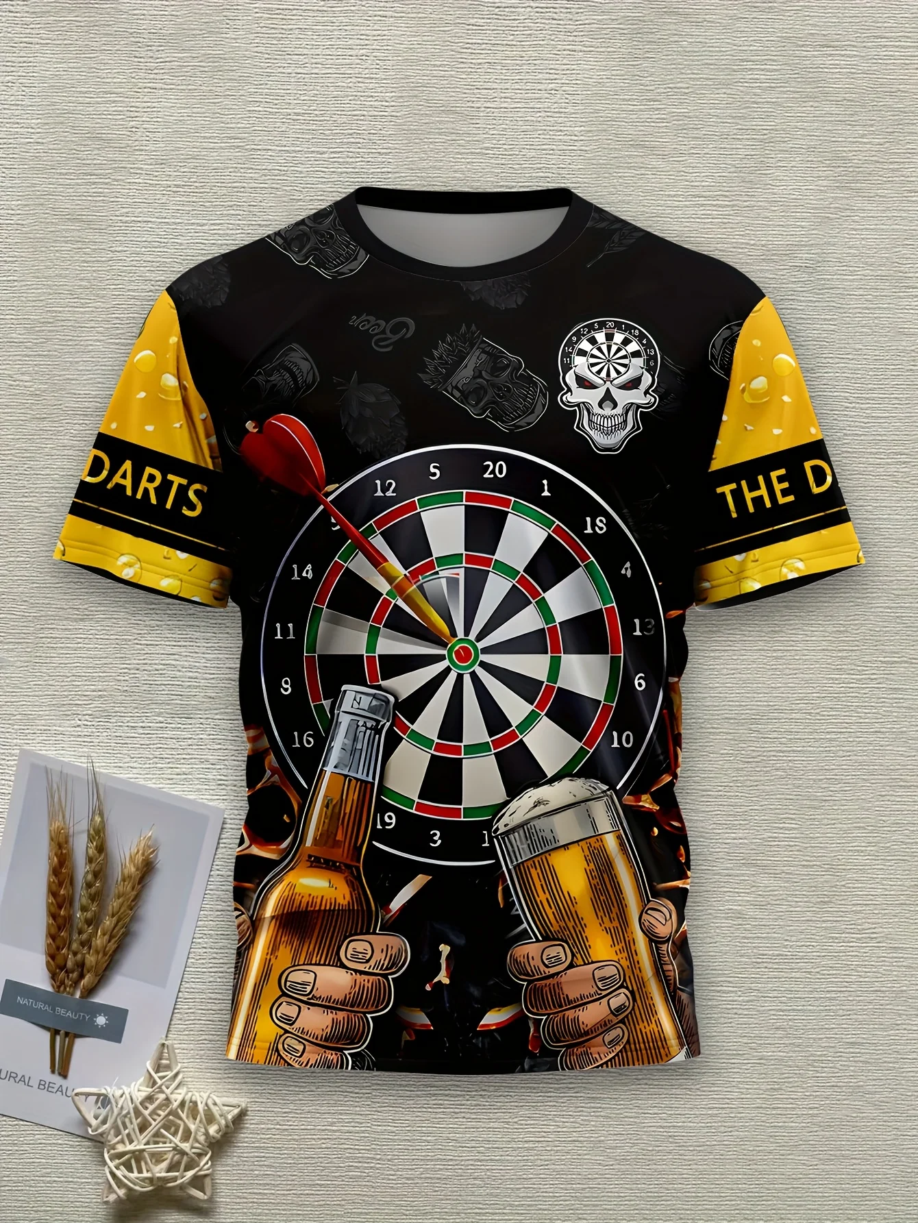 Men's Darts Beer Skull Print T-Shirt Bar Pub Game Vintage Black Yellow Crew Neck Top