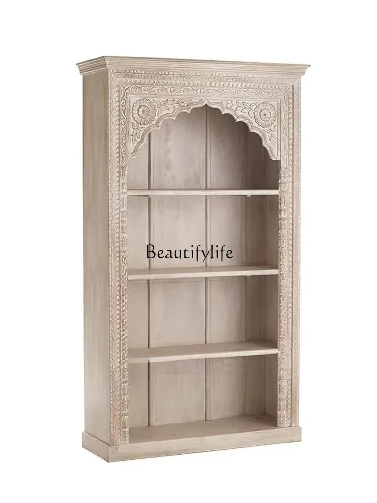 

45*French Retro Solid Wood Bookcase European-Style Carved Bookcase Shelf Living Room Distressed Display Cabinet
