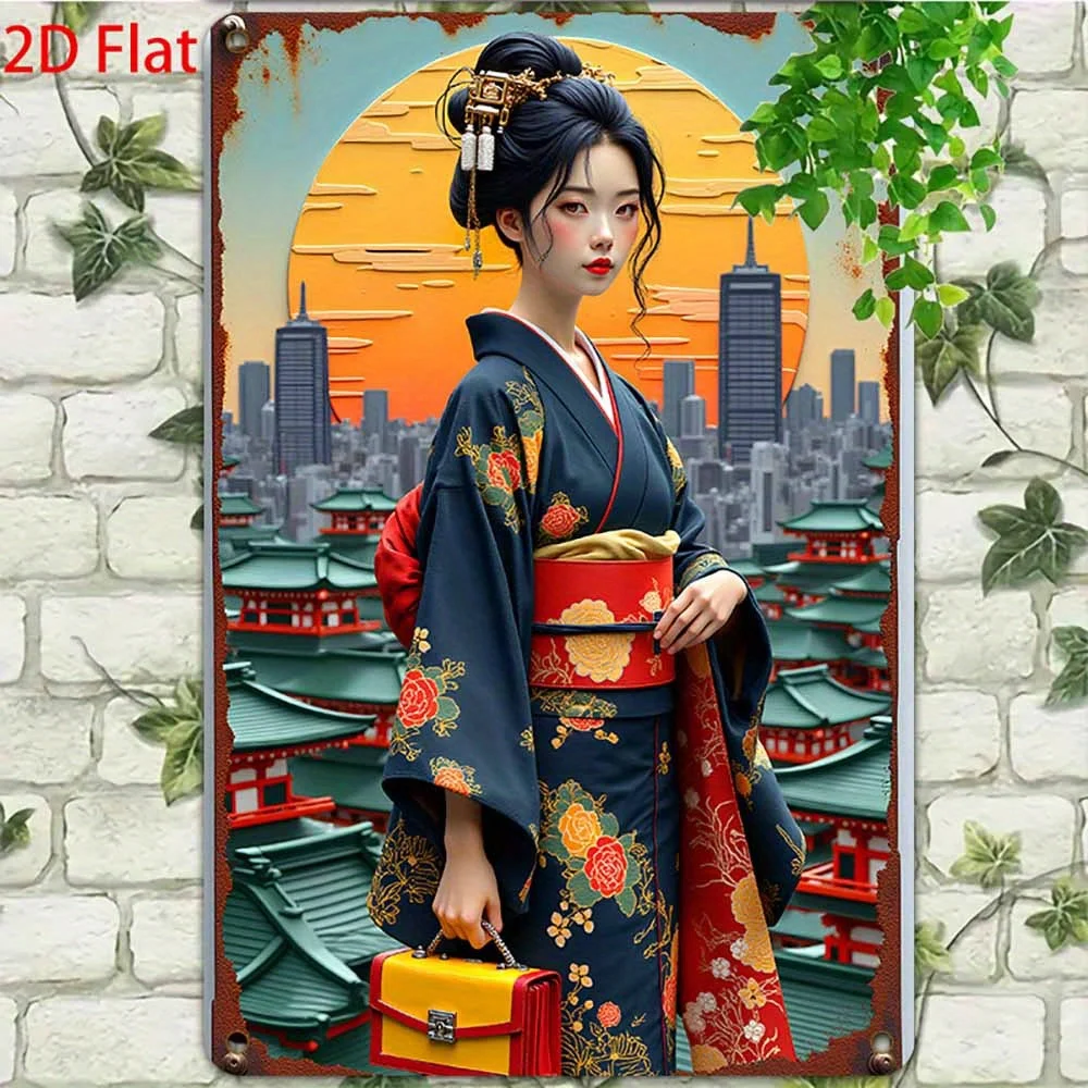 2D Flat Retro Aluminum Sign 8x12 Inch, Japanese-Inspired Wall Art with Traditional Kimono Woman, Vintage Metal Plaque for Home