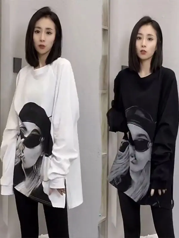 بالإضافة إلى حجم طويل Sve الأمريكية Sle المرأة صورة طباعة البلوز جولة Ne Faionable تي شيرت للفتيات طبطب الخريف...