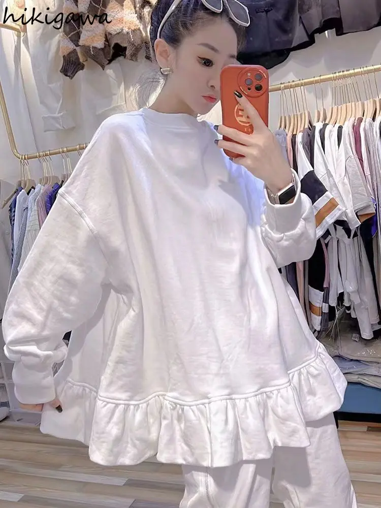 Women Clothing Oversized T Shirts Long Sleeve O-neck White Tees Sweet Ruffles Tops 2024 Ropa Mujer Casual Fashion Y2k Tshirt