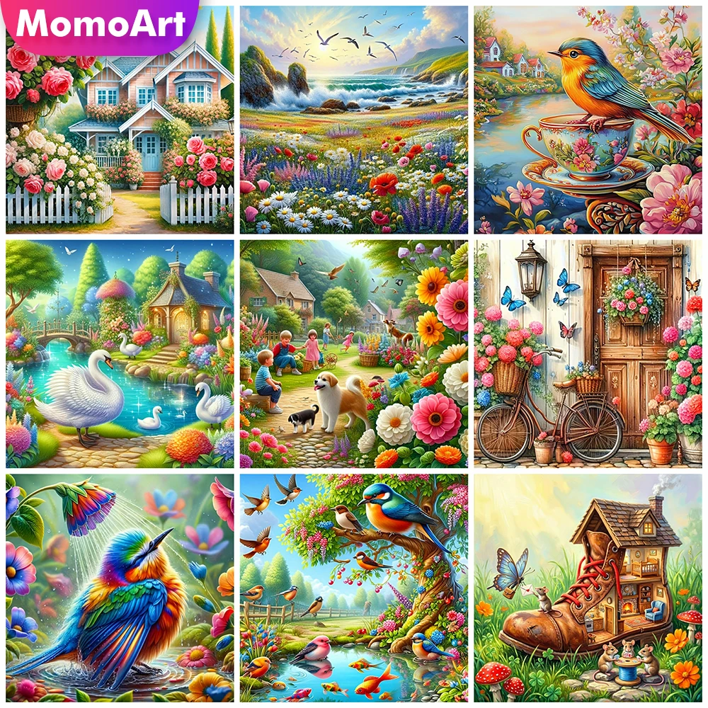 Momoart Diamantmalerei Garten-Landschaftsbild Strass-Mosaik Vogel Vollquadratisch Rund Stickerei Blume DIY Haus Wandkunst