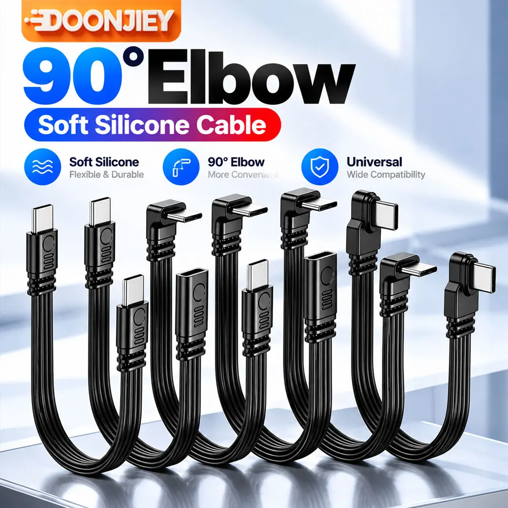 DOONJIEY USB C Extension Cable 90 Degree, 45W Type C Male to Female Extender, 480Mbps Flat Silicone Cable for Samsung Xiaomi