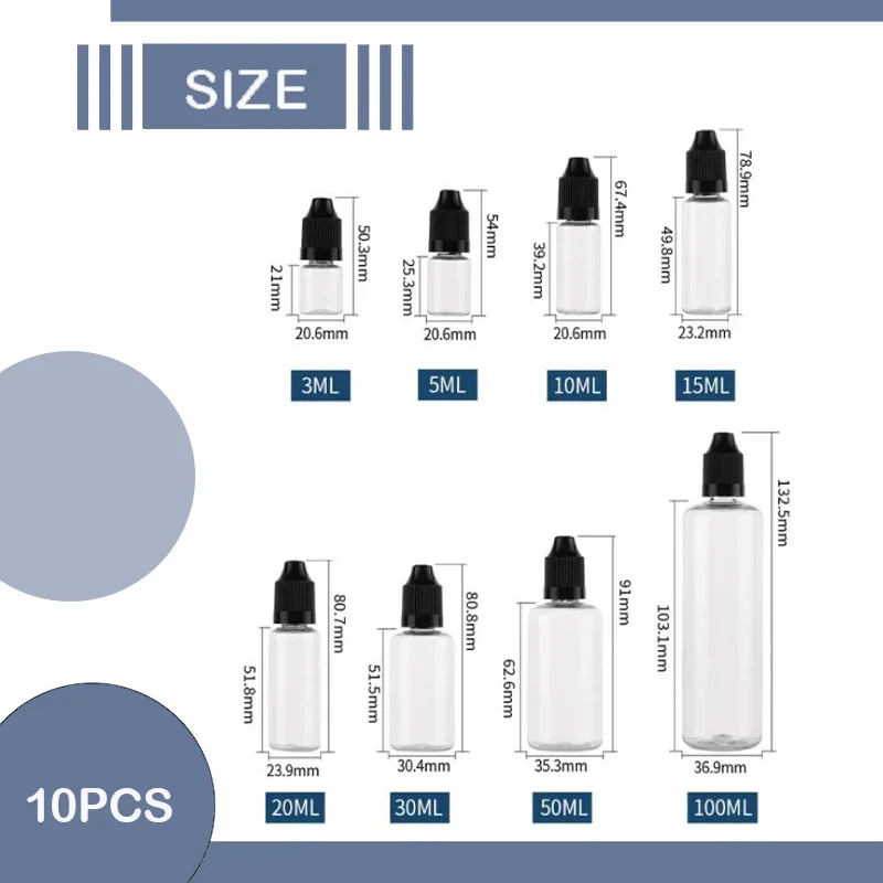 10pcs 3ml-100ml PET Plastic Empty Dropper Bottles with Caps Plug Tips Funnel Eye Liquid Oil Containers Travel Refillable Bottles