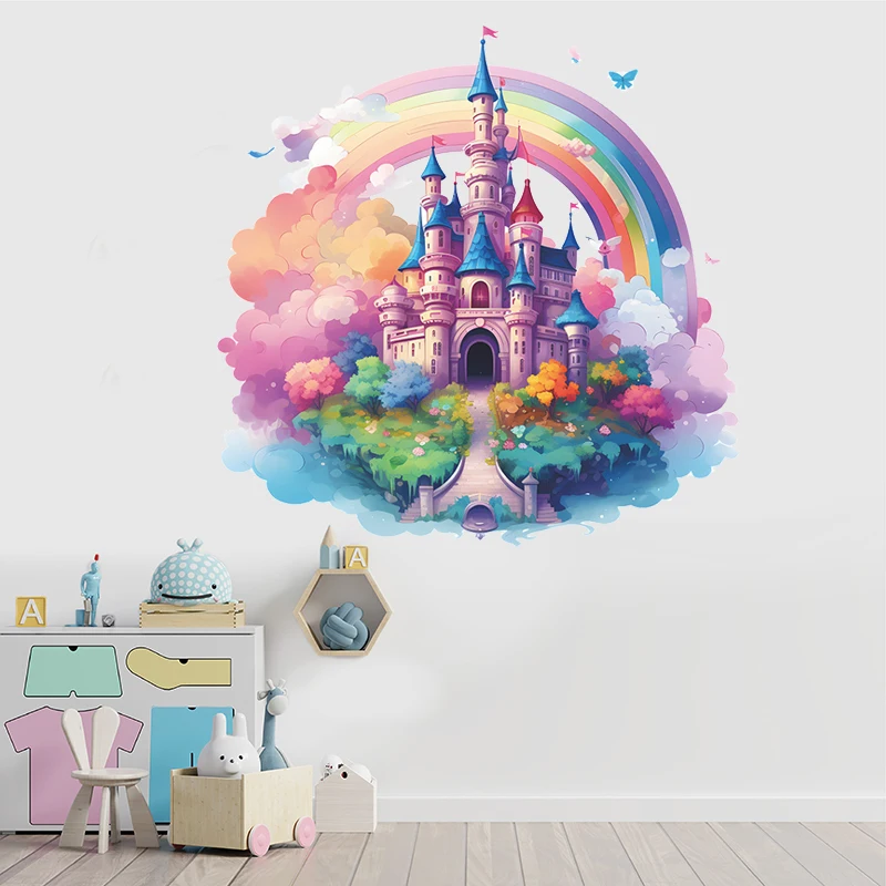 Cartoon Rainbow Castle Magic Kingdom Wall Sticker for Kids Room Girls Room Decoration Princess Castle Vinyl Nursery Decor Decals