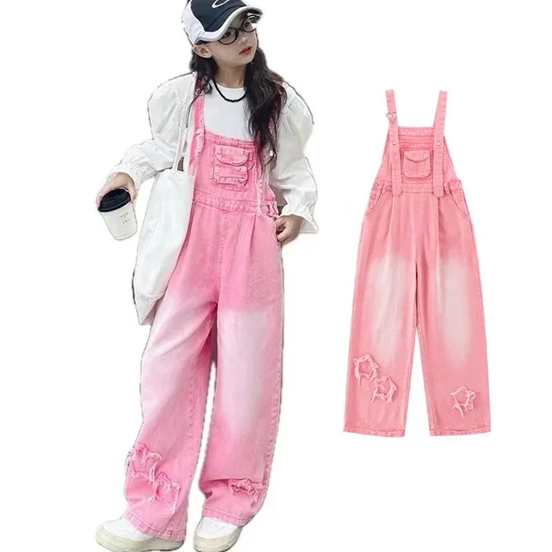 Elegant Children Pink Suspenders Jeans Overalls for Girls Baby Fitness Pink Denim Jumpsuit Luxury Kids Jeans Pants with Straps