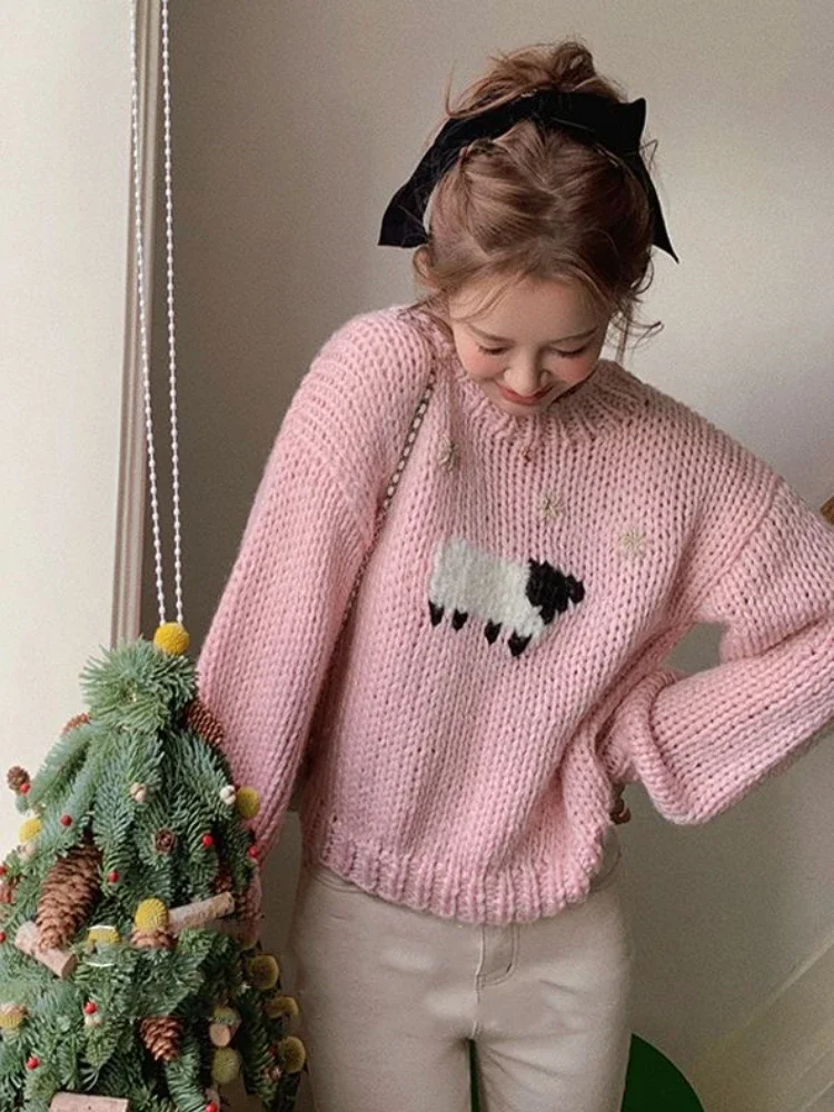 Pink Knit Sweet Pullovers Sweaters Women Long Sleeve Elegant Korean Sweaters Female O-neck Warm Kawaii Harajuku Pullovers 2024