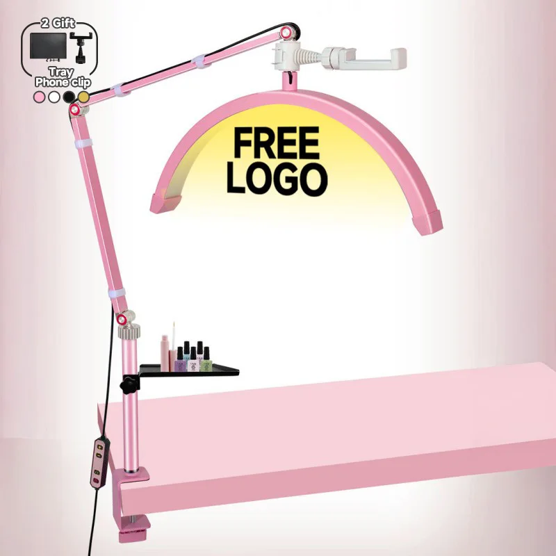 Free LOGO NEW 16-inch 24w LED Lash Lamp with Half Moon Salon Nail Table Facial Bed Clip-on Lamp Tattoo Eyebrow Extension Light