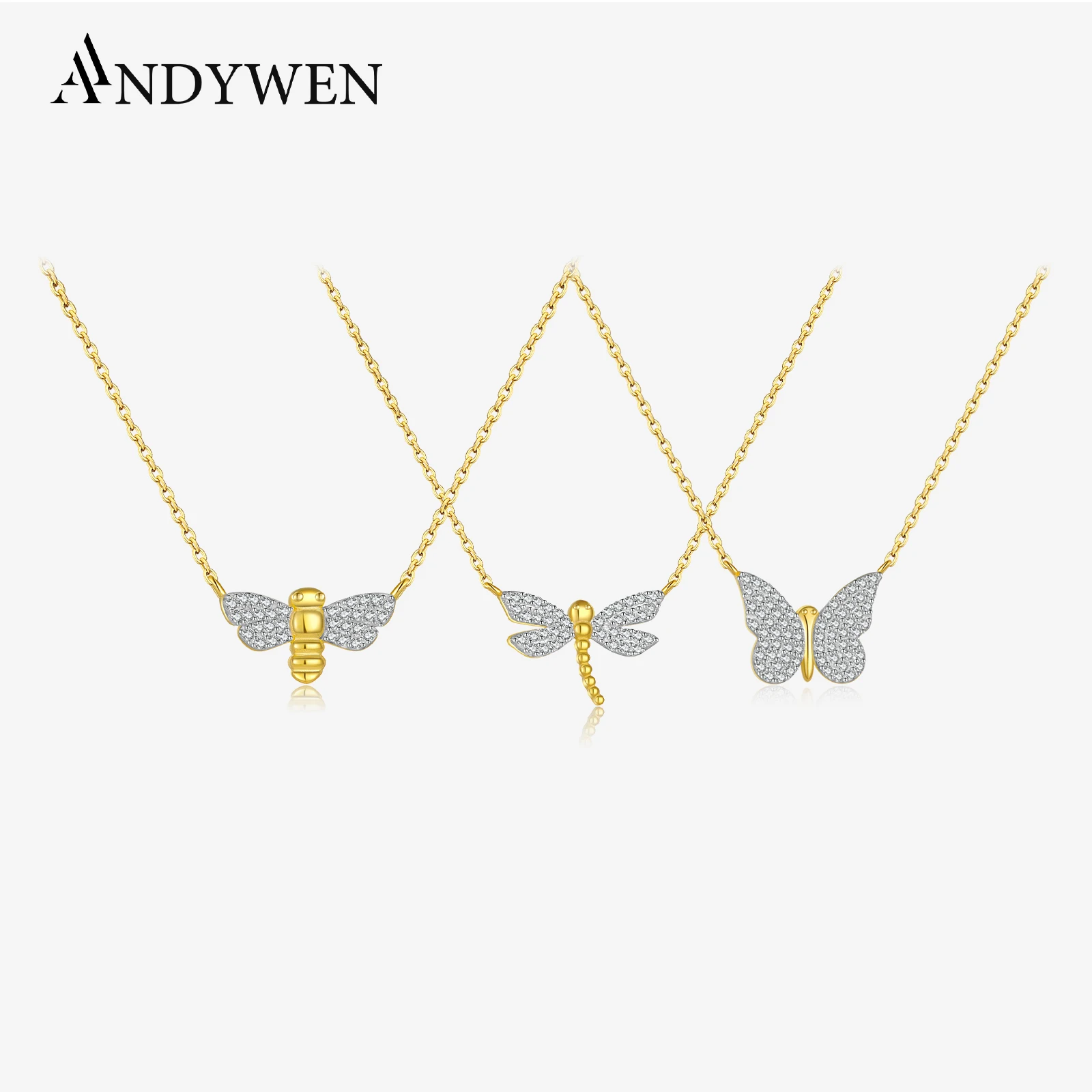 ANDYWEN 925 Sterling Silver Split Plating Dragonfly Bee Butterfly Chain Pendant Charm Necklace Choker Fine Jewelrt 2022 Crystal