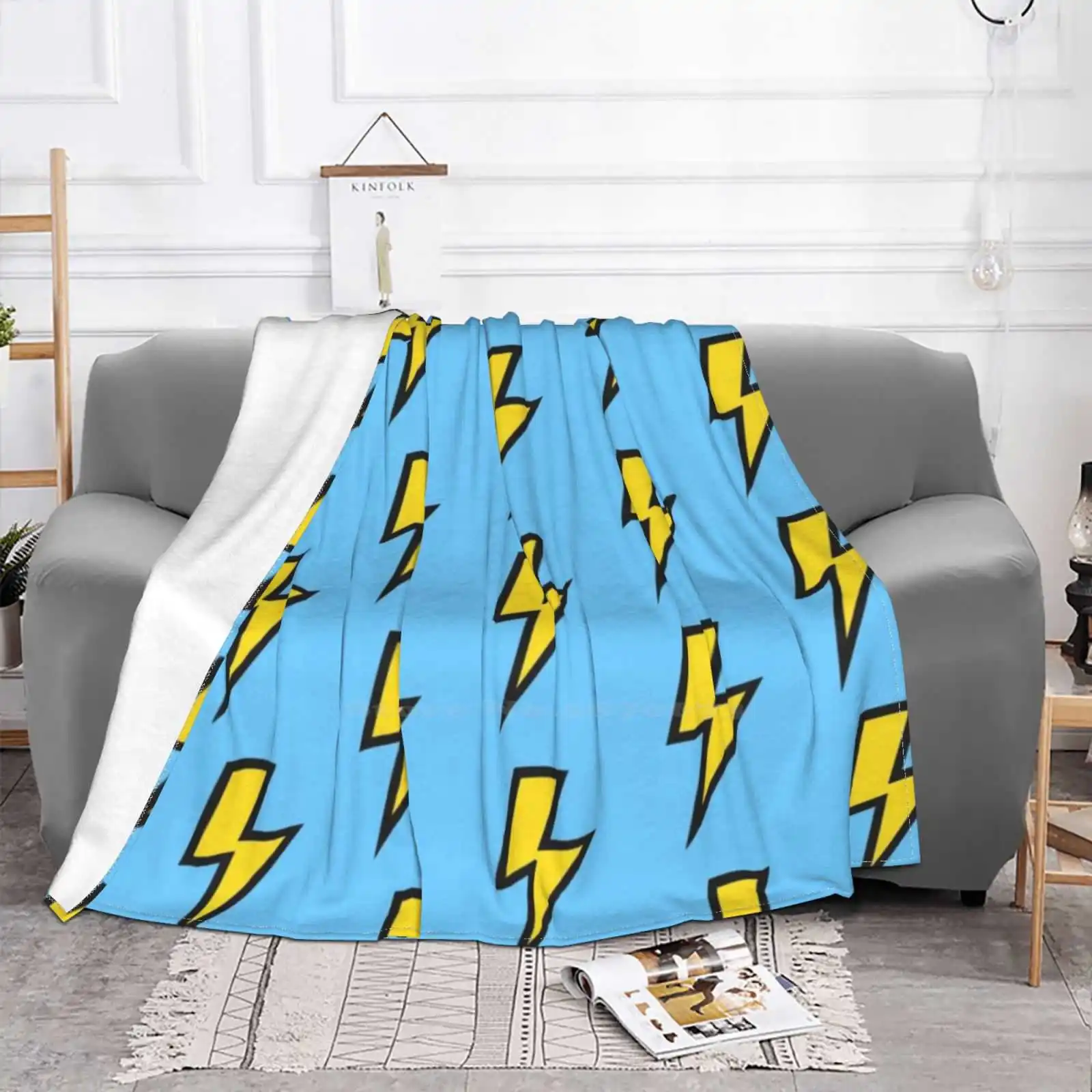 Yellow Lightning Bolts With Bright Blue Background Creative Design Light Thin Soft Flannel Blanket Lightning Bolt Lightning