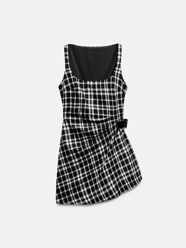 Lente nieuwe collectie dames asymmetrische geruite taille-kalkende afslankende Svel vierkante kraag ort Dr faionable casual
