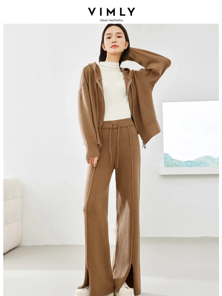 Vimly Spring Knitwear Women Knit 2 Piece Pant Sets Full-zip Hooded Sweater Coat Split Wide Leg Pants 2024 Female Clothing 1