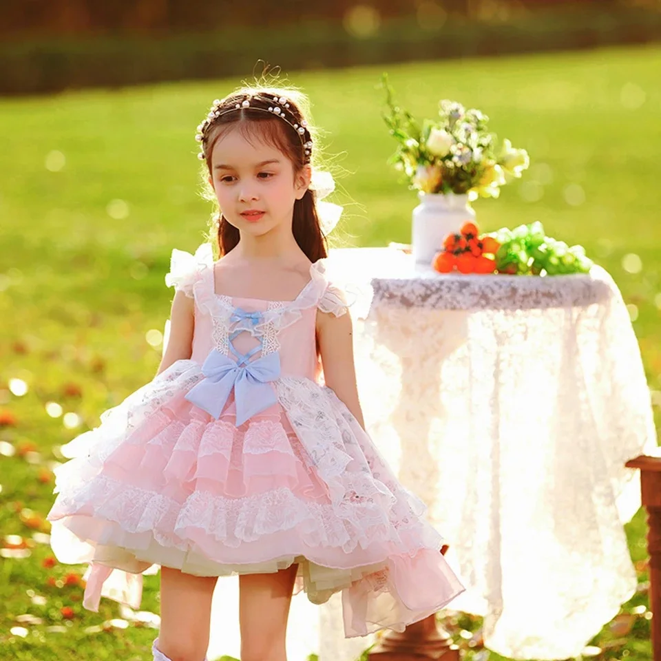 Bonito rosa flor menina vestido de manga curta tule renda com arco para festa de aniversário de casamento pageant crianças princesa vestido de baile