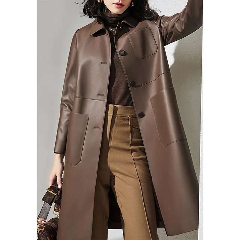 Manteau en cuir véritable à lacets pour femmes, veste longue en peau de mouton, grande taille, revers d'avocat