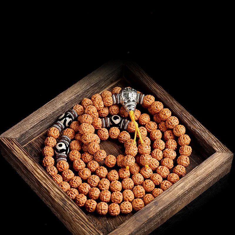 Natural 108 Bodhi Bracelets Yellow Skin Tibetan King Kong Bodhi Beads Necklace Rosary Three Eyed Dzi Buddhist Meditation Jewelry