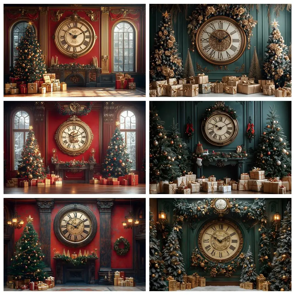 Christmas Tree Clock Backdrop Red Green Vintage Wall Interior Baby Kids Portrait Xmas New Year's Party Photography Background