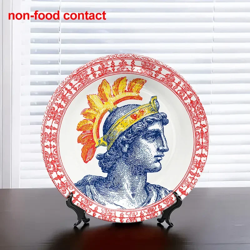 1pc Vintage Greek/Roman Warrior Head Plate - Navy Blue, Red, Golden Accent Ceramic Wall Decor - Non-Food Safe Serving Dish -
