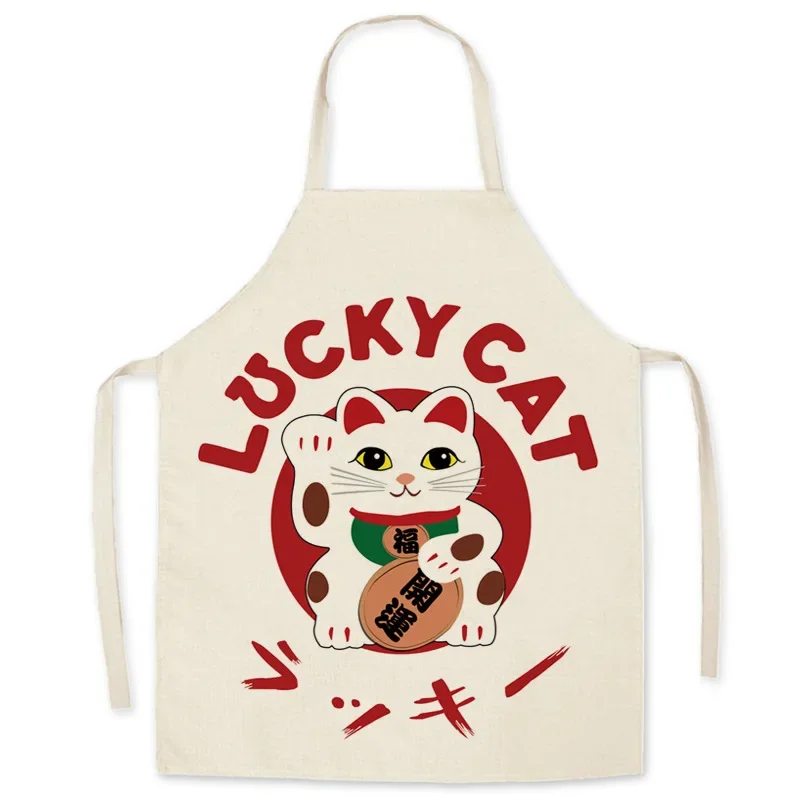 Linen Apron Japanese Cartoon Lucky Cat No Repair Bib Parent-child Couples Waterproof Antifouling Household Kitchen Supplies