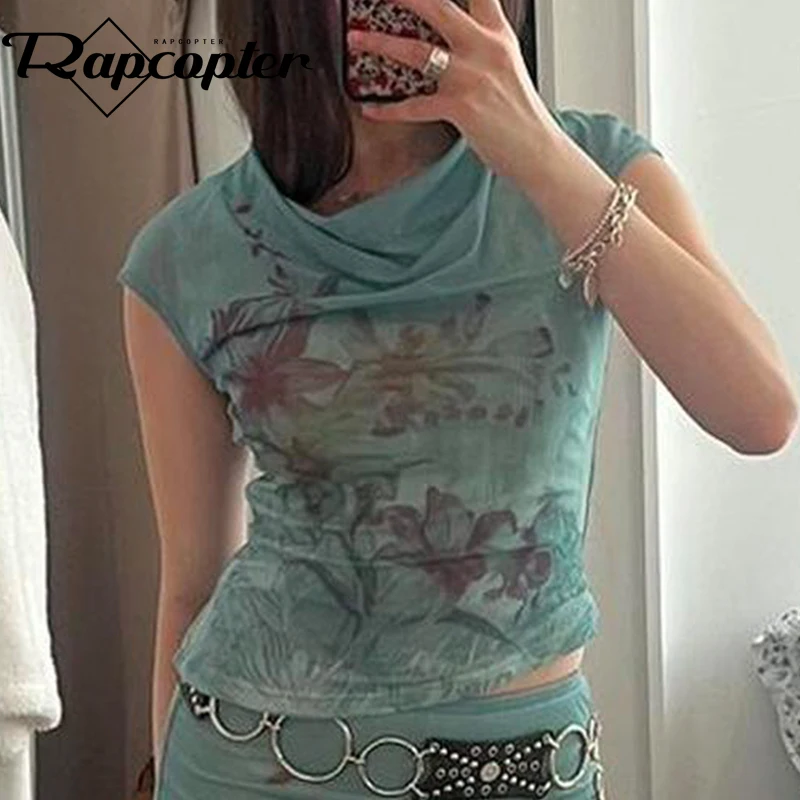 Rapcopter y2k Vintage Print Crop Top V Neck Mesh See Through Short Sleeve T Shirt Women Streetwear Boho Grunge Tee Korean Chic