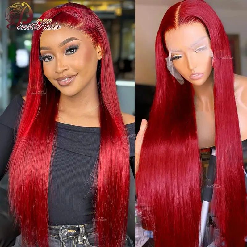 13x4 Red Straight Lace Front Human Hair Wigs Transparent Lace Frontal Wig 99J Human Hair Wig Pre Plucked Remy Hair For Women