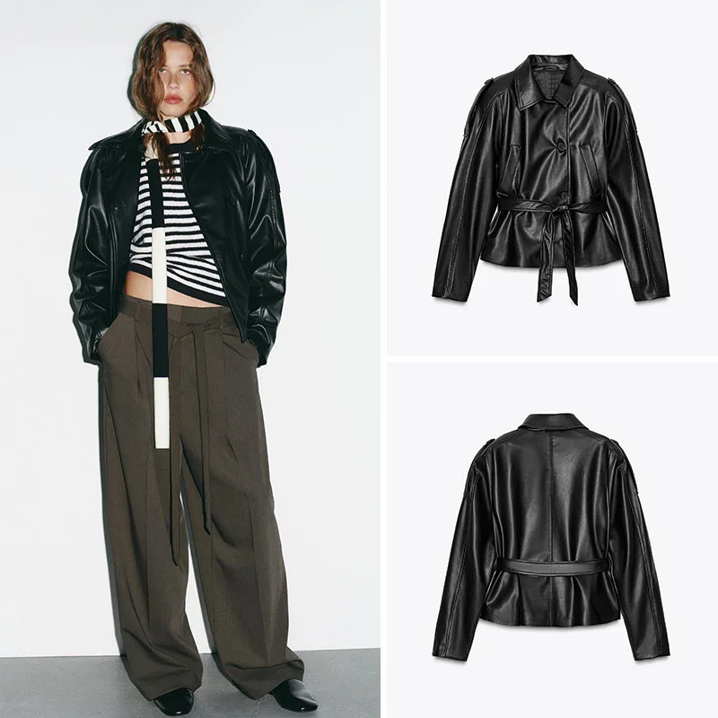 

Autumn New Arrival Women's Biker Collar Belted Short Long Sleeve Faux Leather Windbreaker Casual Standard Fit Ladies Coat