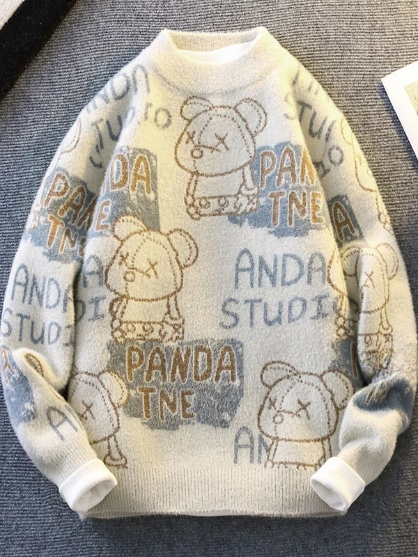 

Warm Knitted Sweater for Teens And Tweens Loose Fit Cartoon Print School Students Autumn New Sle Polyester Nylon Casual Wear