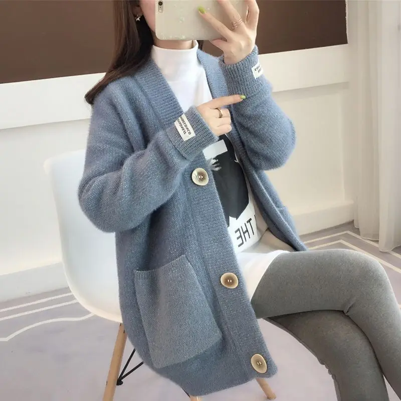 

Lazy Wind Knitted Cardigan Jacket Women's 2025 Autumn and Winter Elegant Solid Color Loose Large Size Medium and Long Sweater