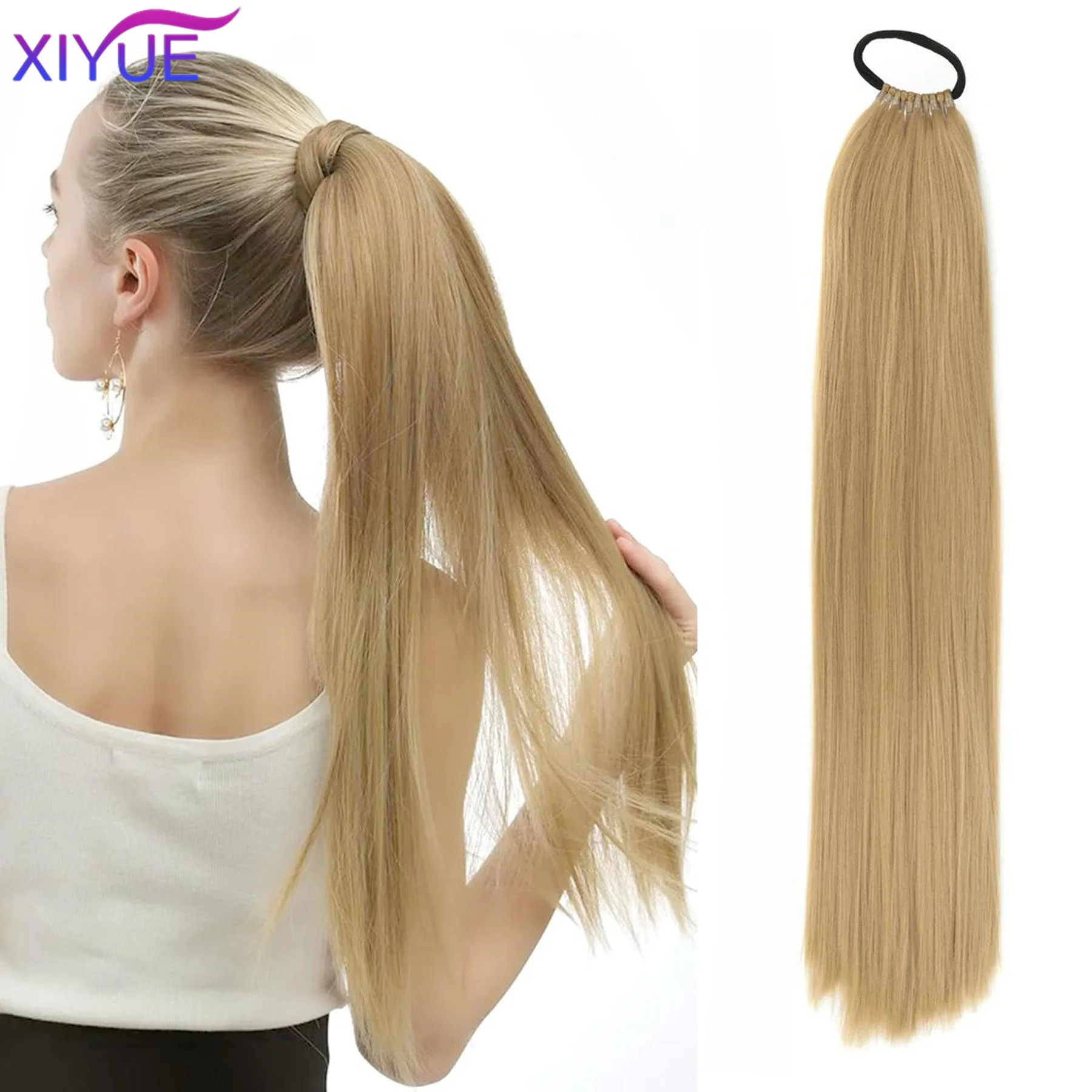 XIYUE Long Straight Ponytail Wig Synthetic Hair Extensions 24inch Elastic Band Ponytail Natural Fake Hairpiece For Women