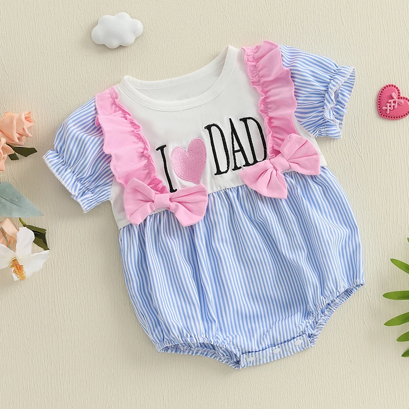 Adorables mamelucos para niñas con lindo bordado de letras y diseño a rayas con cuello redondo y mangas cortas: elegante