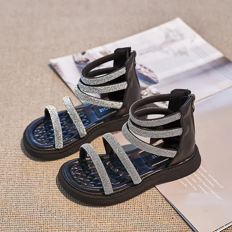 Thin Band Sequin Sandals for Girls Kids Shoes Children's Open Toes Cover Heel Zip Sandal 2025 Summer Girl Shoe Flat 21-37