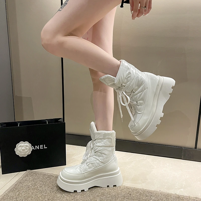 Laarzen Platte Platform Ronde Neus Veterschoenen Australië Schoenen Laarzen-Dames Winterschoenen Klompen Halverwege De Kuit Sneeuw 2023 Dames Lolita Rock Hi