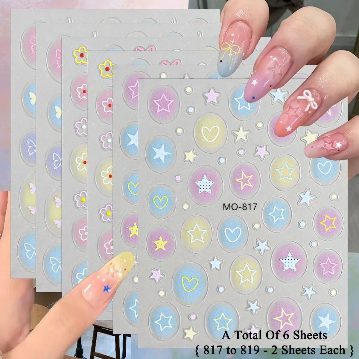 

3/6/12 Sheets Gradient Bubble Nail Stickers Star Heart Pastel Color 5D Embossed Nail Art Decals Cute DIY Manicure