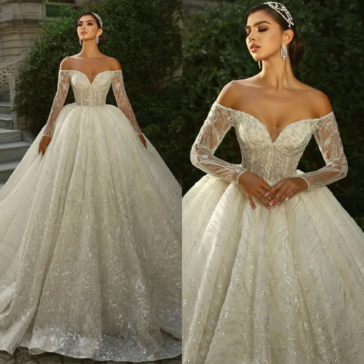 

Luxury Wedding Ball Gowns Sequins Beading Lace Bridal Dress Off Shoulder Long Sleeves Custom Made Sweep Train Vestido de novia