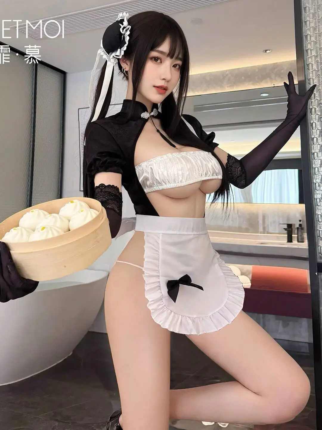 النمط الصيني شيونغسام طوق خادمة المئزر فستان مثير Bowknot الدانتيل المشذبة بأكمام طويلة الرغبة النقية الساحرة للمرأة YP99