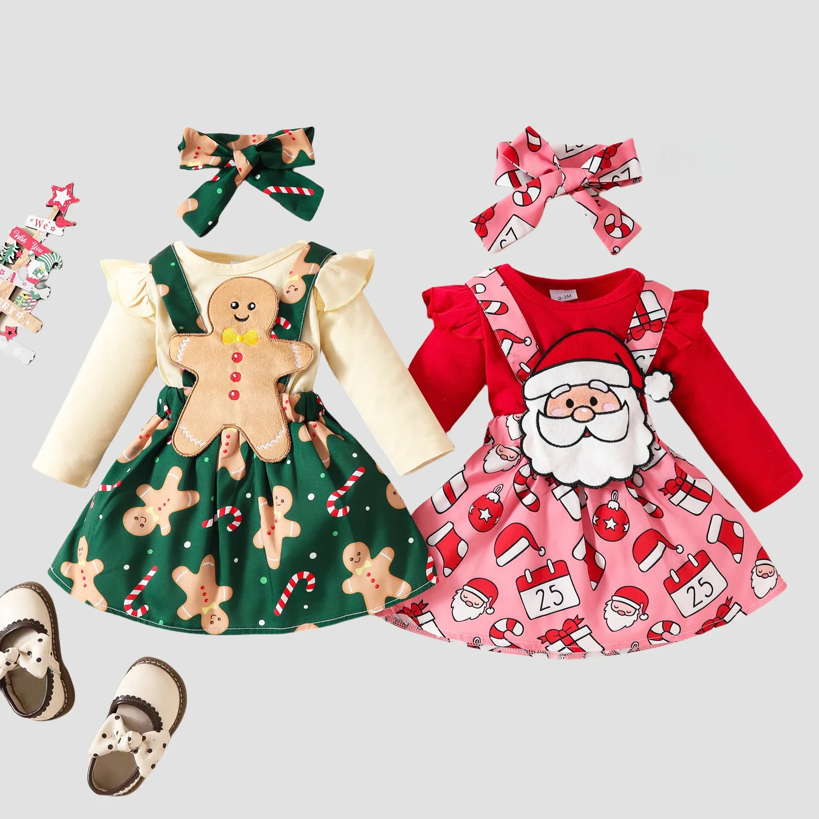 

Christmas Baby Girl Outfit 3-Piece Set Santa Claus Print Suspender Skirt + Ruffled Bodysuit + Headband Holiday Party Daily Wear