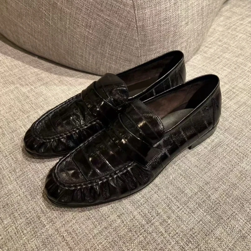 

Plus Size Fashion Designer Women's Luxury Loafers Genuine Leather Women's Shoes Thick Heel Slip-on Spring Autumn Eel Flats Shoes