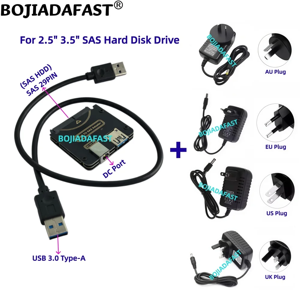 USB 3.0 Type-A to SFF-8482 SAS 29Pin Converter Card With 12V/3A DC Power Adapter For 2.5" 3.5" HDD Hard Disk Drive