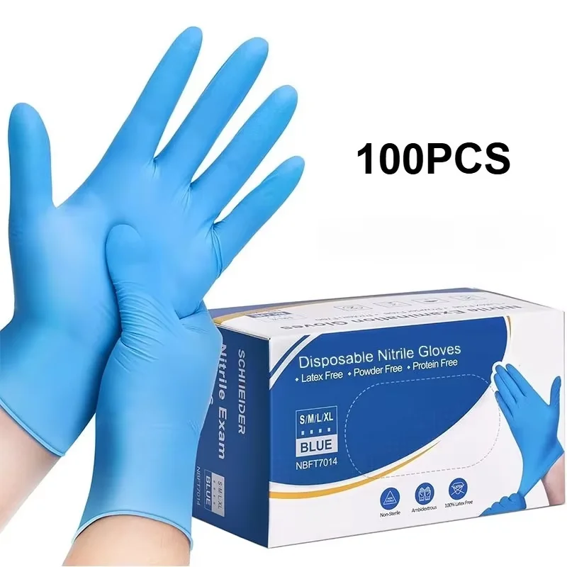 100PCS Disposable Blue Gloves Powder-Free LatexFree Durable Anti-Slip Protective Gloves Kitchen Cleaning Medical Tattoo Supplies