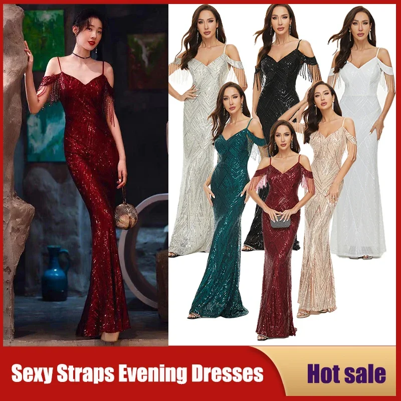 WAT18 Sexy Straps Evening Dress Fashion Long Deep V Neck Tulle High Slit Wedding Party Elegant Prom Gown Women Luxury F New 2025