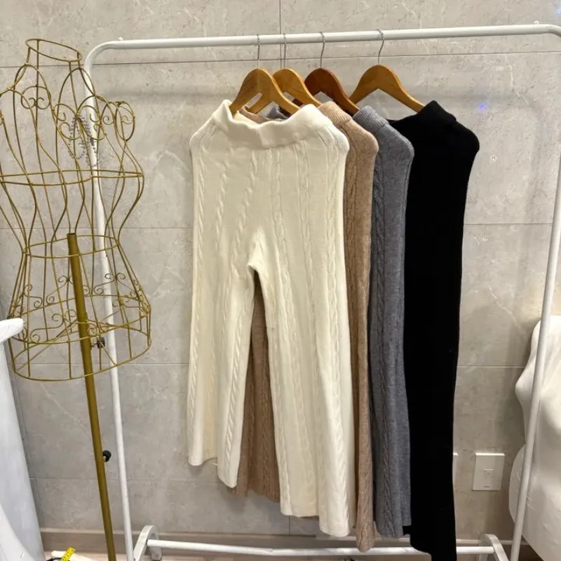 Thiened gebreide casual broek dames hoge taille rechte pijpen losse pasvorm herfst winter warme wijde pijpen lange broek