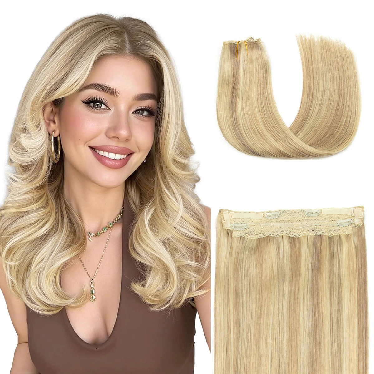 

Невидимые накладные пряди из натуральных волос на невидимой леске, прямые, светлые, 14-20 дюймов, 4 клипсы