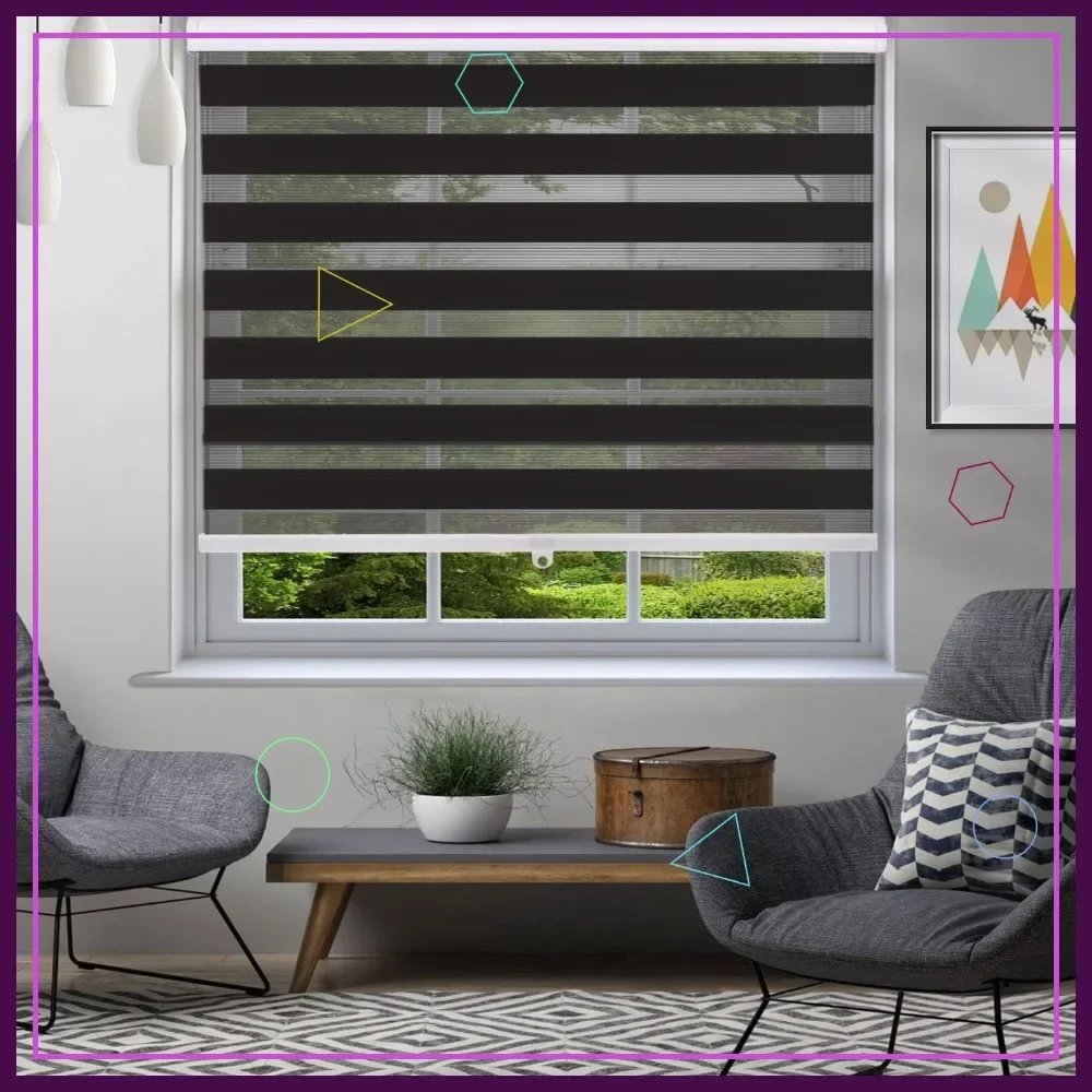 

Custom Cordless Zebra Blinds for Windows, Dual Layer Roller Shades with Light Control, Black 67"W x 72"H