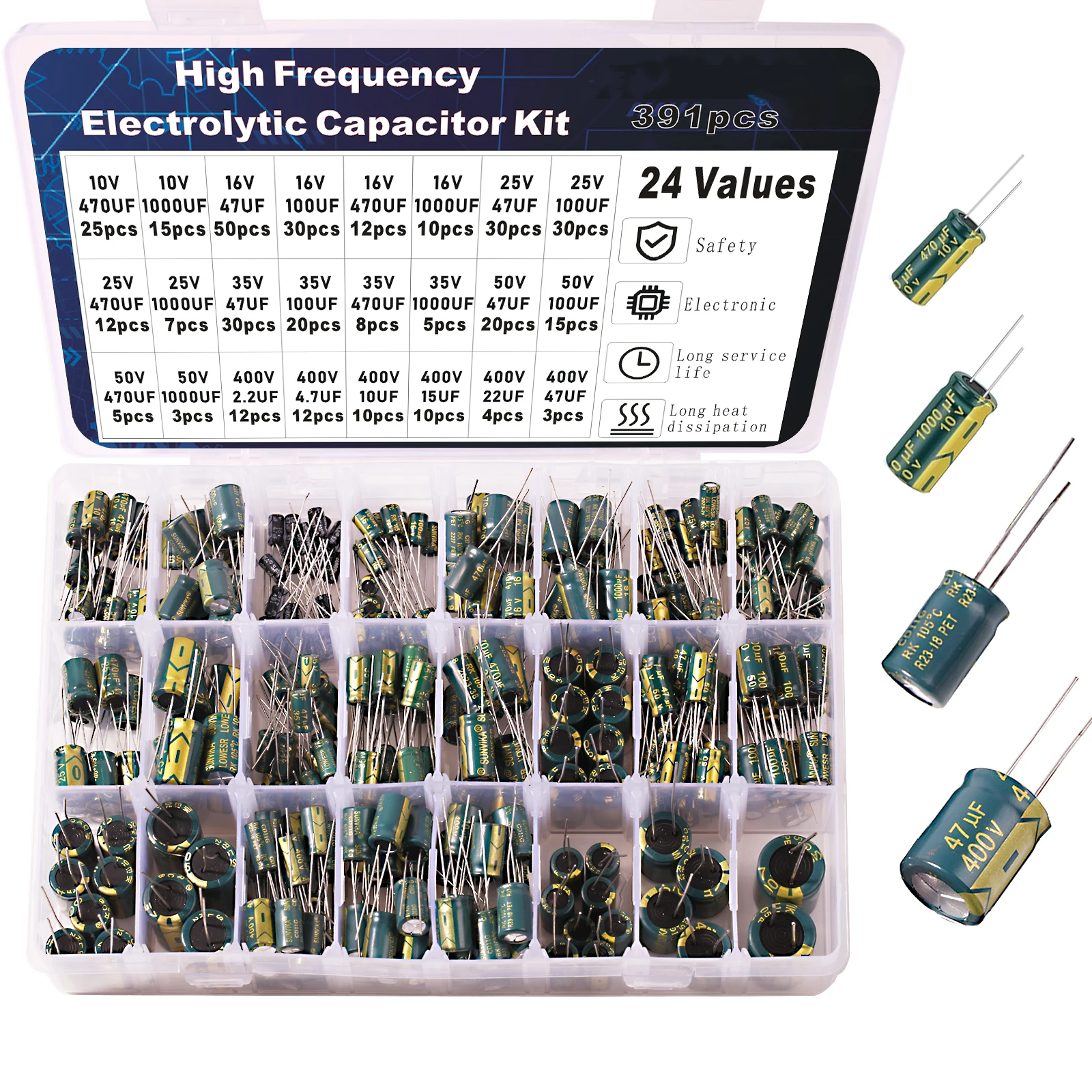 Electrolytic Capacitor Kit High Frequency Assortment 10v 16v 25v 35v 50v 400v 10uf 100uf 470uf 1000uf