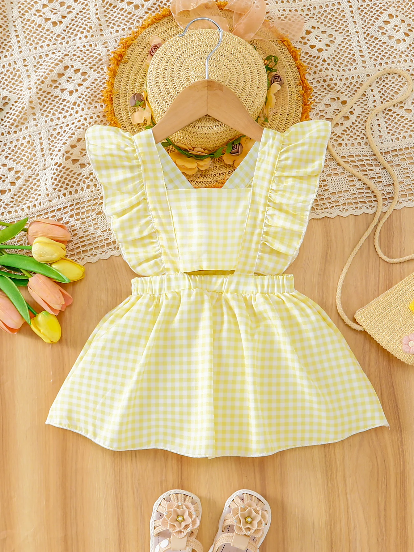 

Spring Summer Cute Baby Girl Yellow Gingham Ruffle Fly-Sleeve Sundress 0-4 Years: Soft Fabric Easy Wear Home Daily Casual Outfit