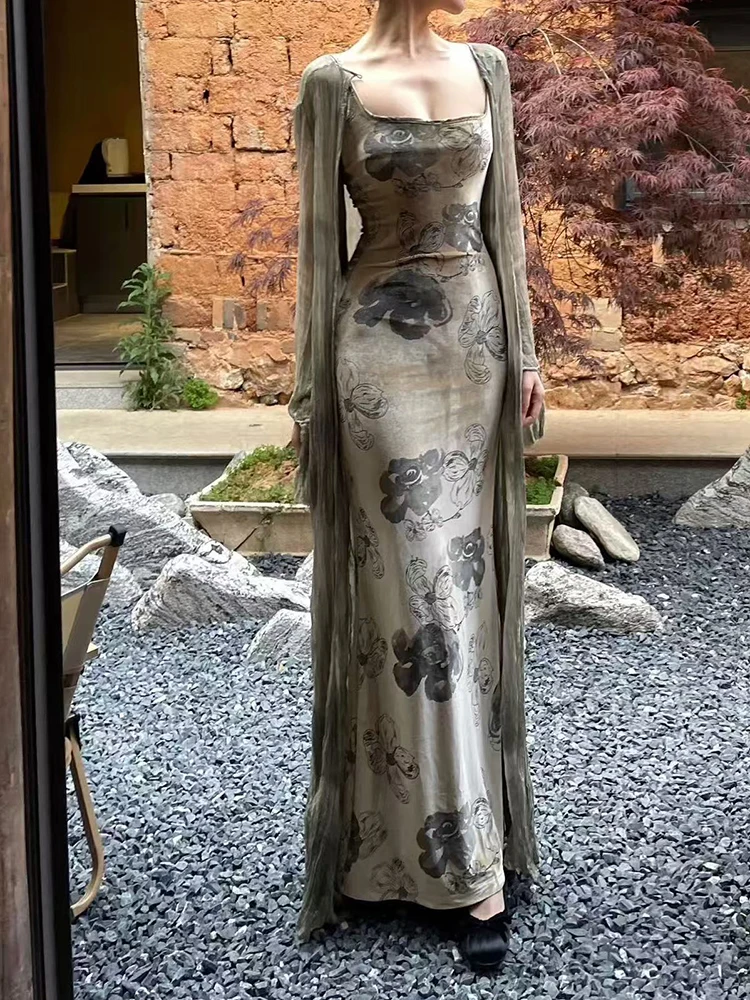 Retro Ink Painting Midi Dress for Women Korean Elegant Velvet Camis Dress Y2K Summer Sexy Backless U Neck Vestidos New